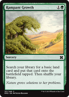 Rampant Growth
 Search your library for a basic land card, put that card onto the battlefield tapped, then shuffle.